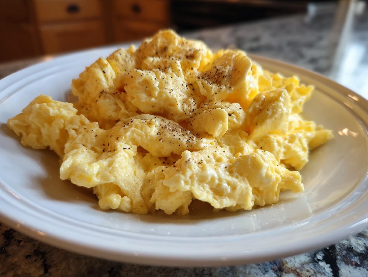 A close-up of fluffy, creamy scrambled eggs seasoned with cracked black pepper on a white plate.