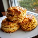 Three fluffy, golden-brown sweet potato biscuits stacked on a white plate, drizzled with honey.