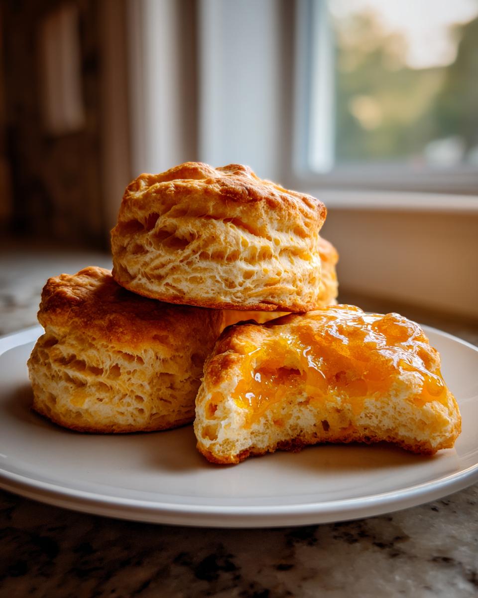 Three fluffy sweet potato biscuits stacked on a plate, one split open and topped with bright orange jam.