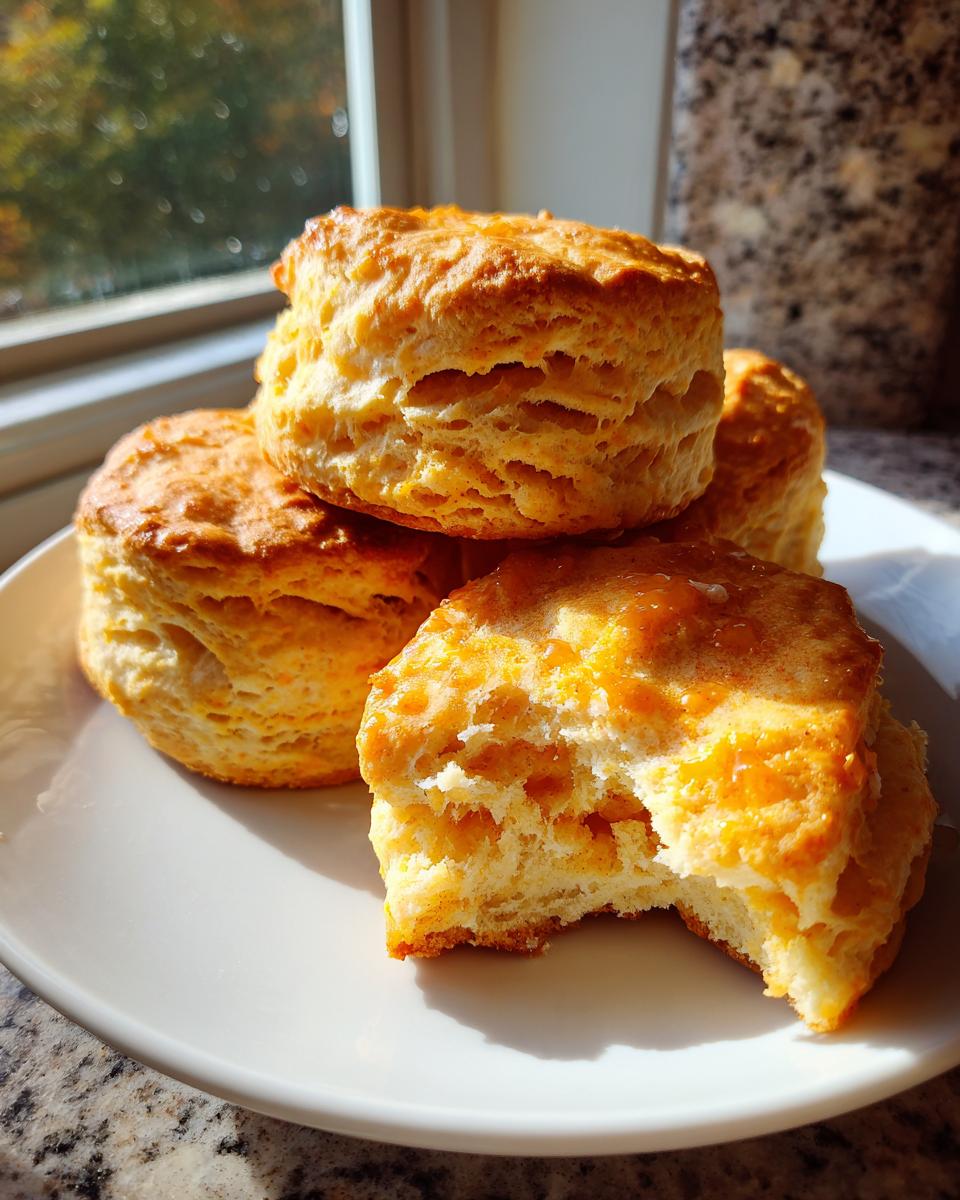 A stack of golden brown, fluffy sweet potato biscuits on a white plate, one biscuit has a bite taken out.