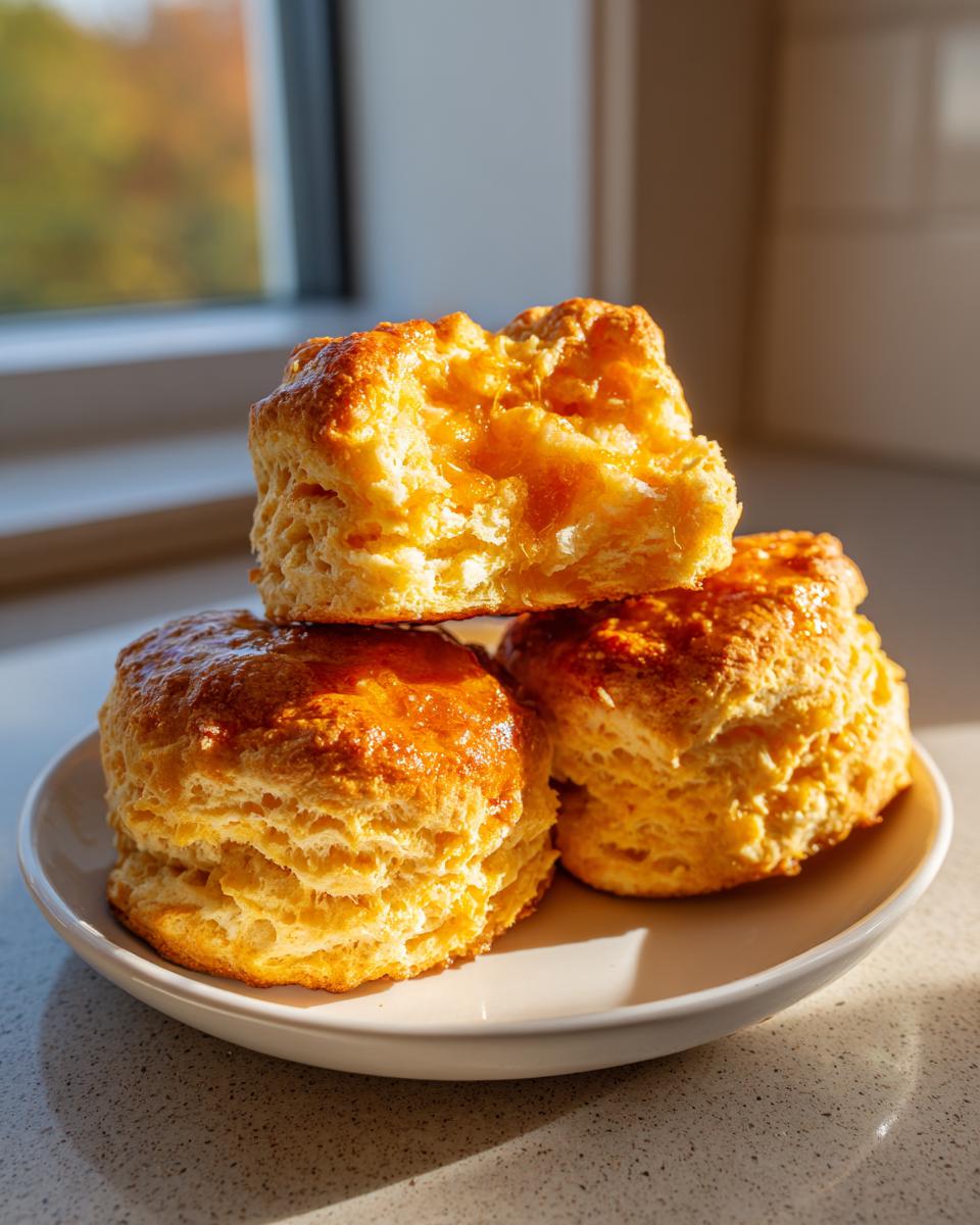 Three fluffy sweet potato biscuits stacked on a small plate, glistening with a glaze.