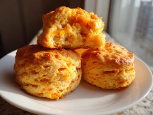 Three golden-brown, fluffy sweet potato biscuits stacked on a white plate, one broken open to show the interior texture.