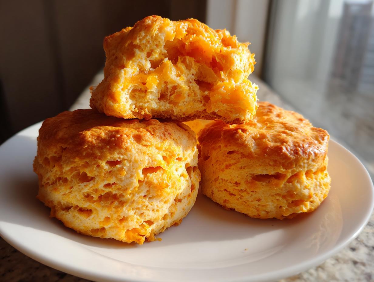 Three golden-brown, fluffy sweet potato biscuits stacked on a white plate, one broken open to show the interior texture.