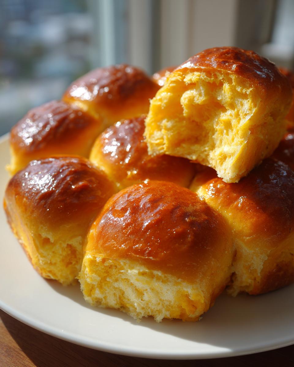 A cluster of golden brown, shiny sweet potato rolls on a white plate, one roll pulled apart showing the soft orange interior.