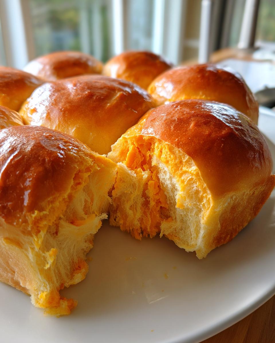 Close-up of freshly baked sweet potato rolls, one torn open to show the soft, orange interior texture.