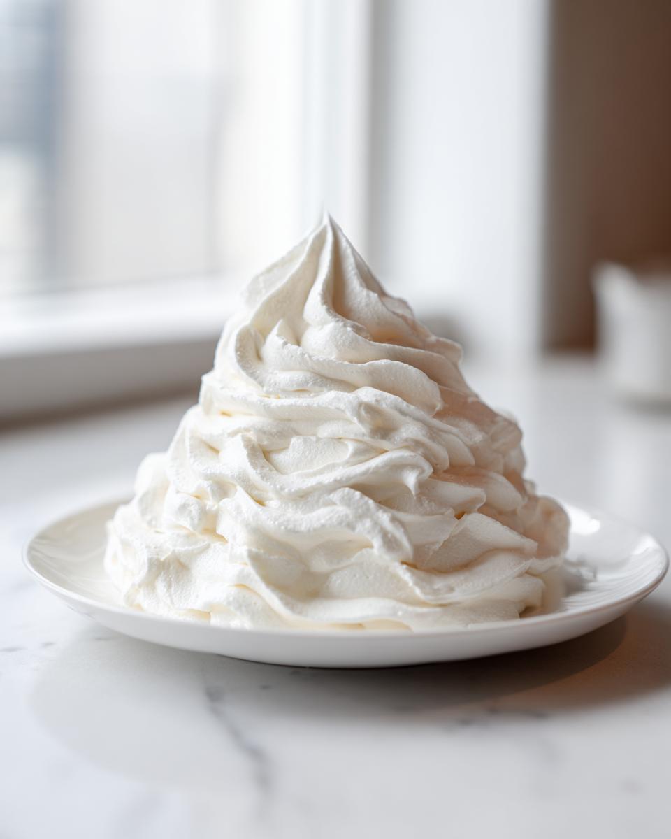 A large, perfectly piped mound of fluffy vanilla buttercream frosting sitting on a small white plate.