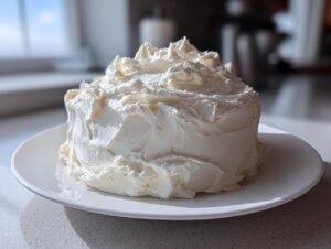 A generous mound of fluffy vanilla buttercream frosting, freshly piped and textured, sitting on a white plate.