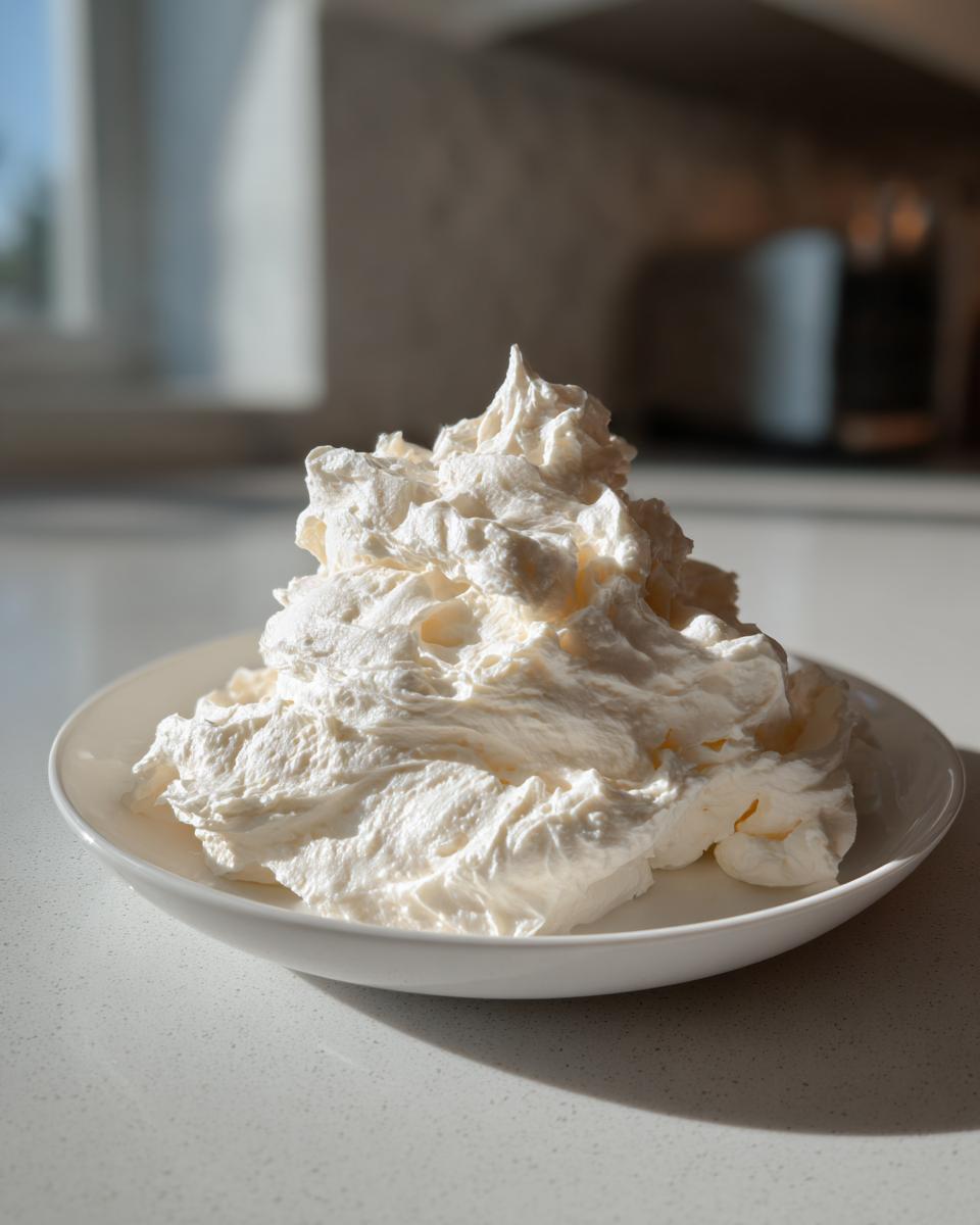 A mound of fluffy, white vanilla buttercream frosting piled high on a shallow white bowl.