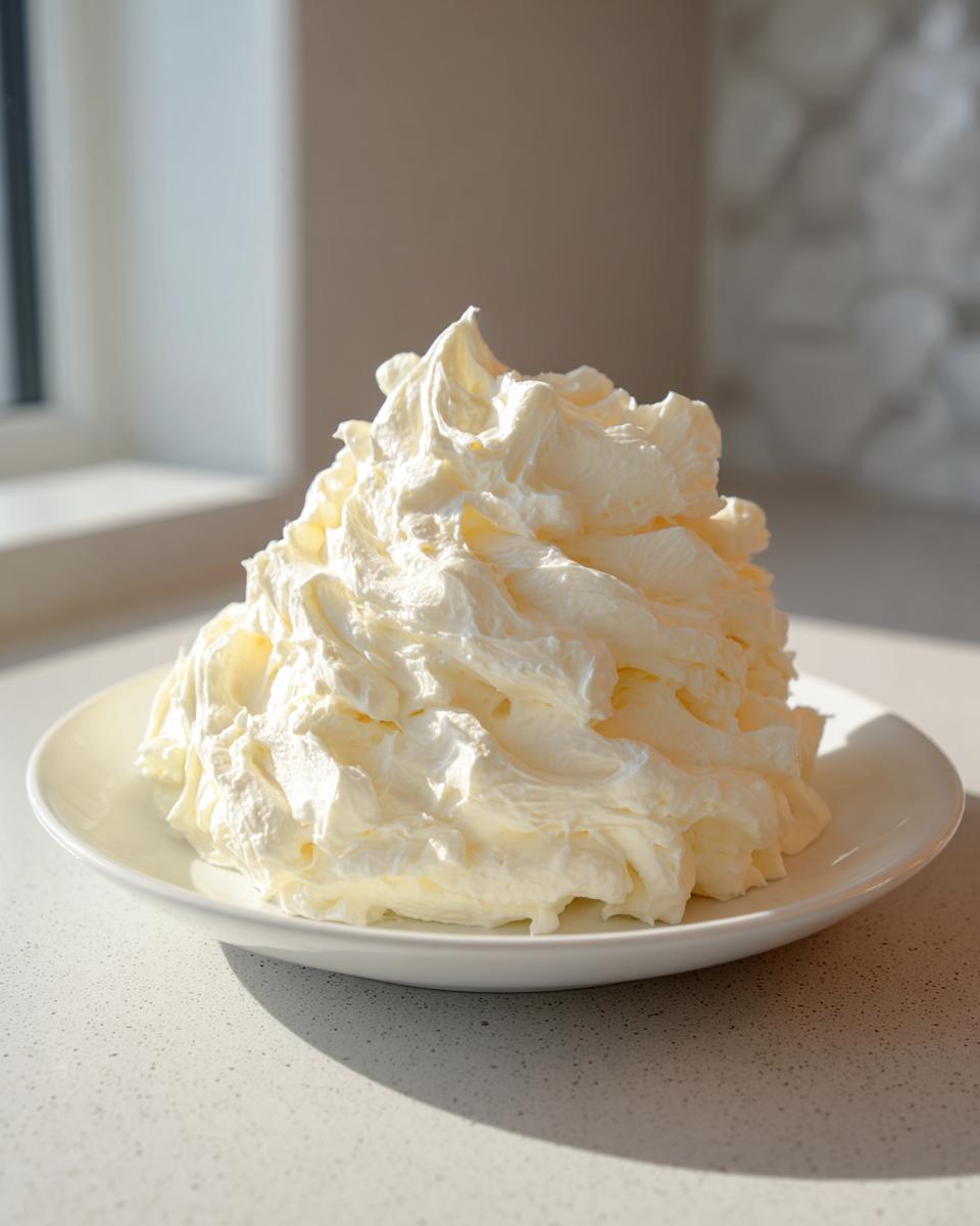 A large, fluffy mound of freshly made vanilla buttercream frosting piled high on a white plate.