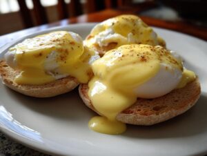 Three servings of Eggs Benedict topped generously with creamy hollandaise sauce and cracked pepper.