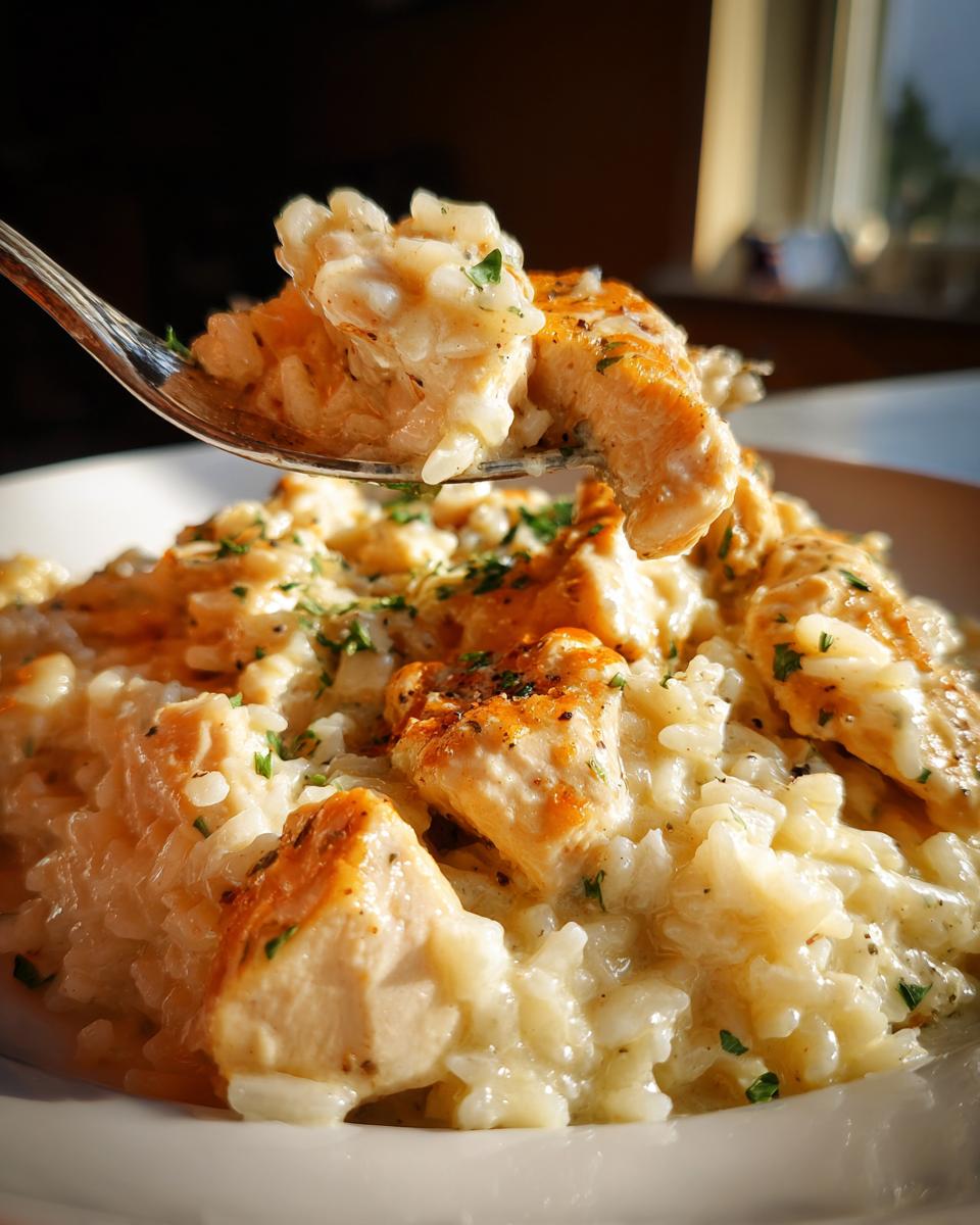 A fork lifting a bite of creamy garlic parmesan rice and seared chicken from a bowl of chicken scampi with garlic parmesan rice.