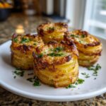 Four perfectly formed, crispy potato stacks topped with melted, browned cheese and fresh parsley.