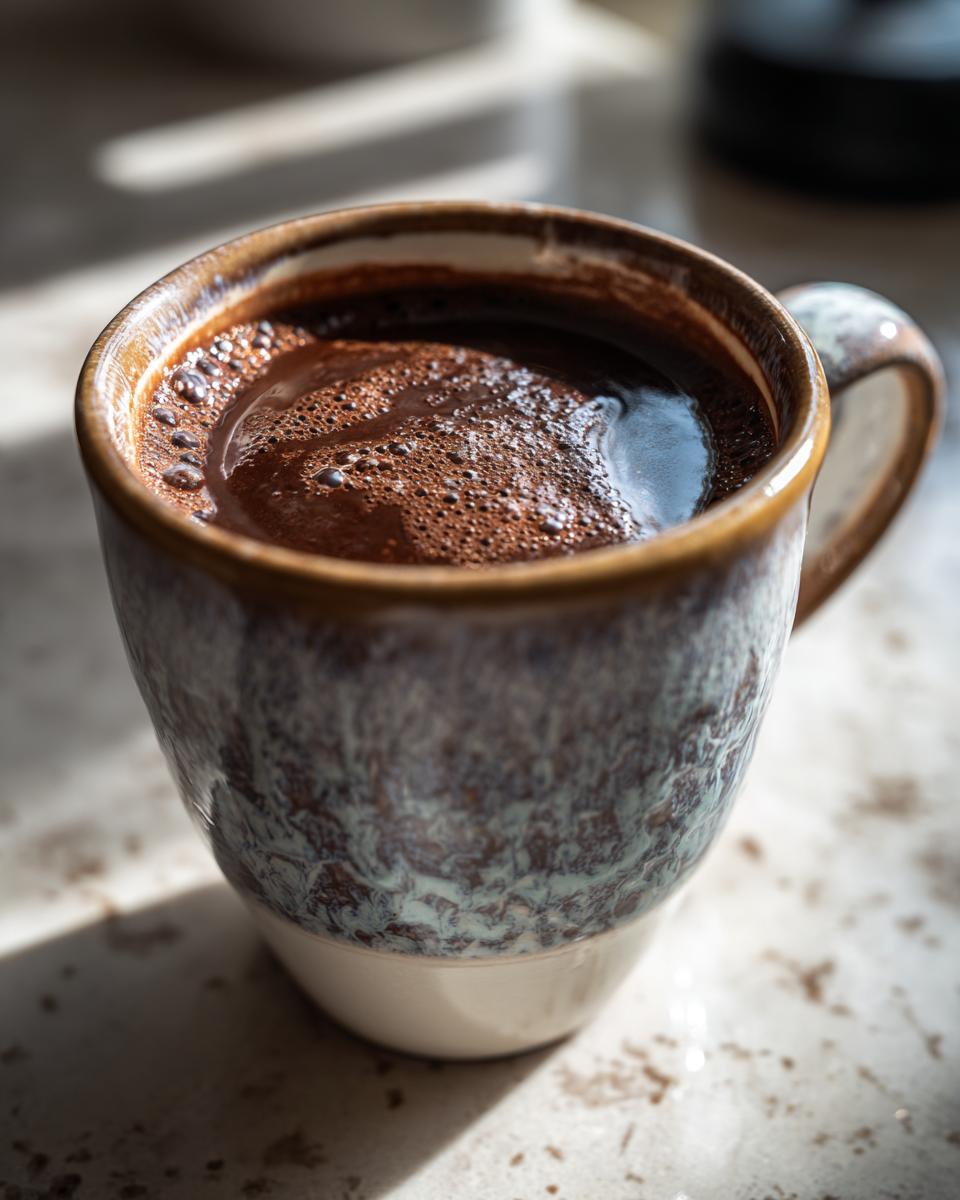 Close-up of rich, frothy French hot chocolate served in a mottled blue and brown ceramic mug.