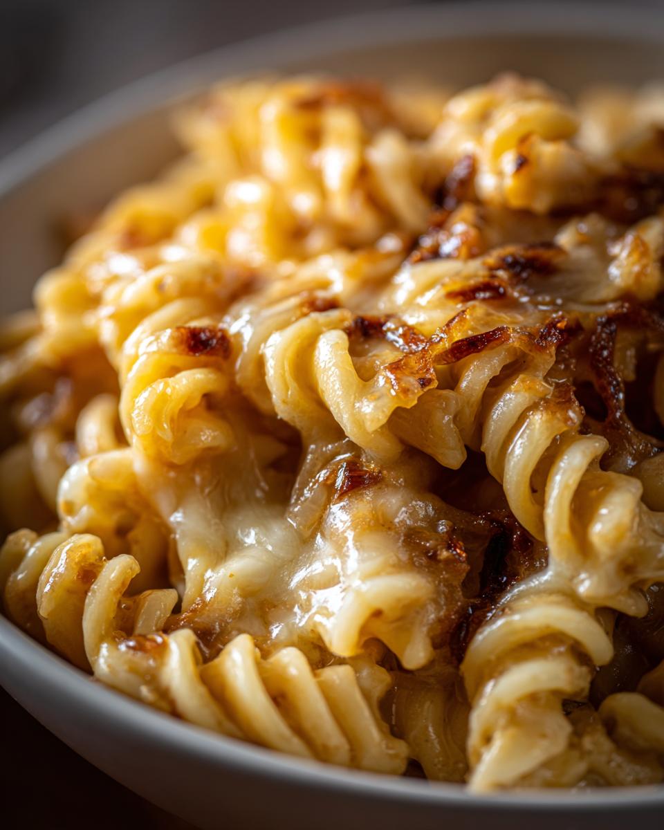Close-up of creamy french onion pasta featuring rotini noodles covered in melted cheese and caramelized onions.