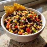 A white bowl filled with vibrant cowboy caviar, featuring black beans, corn, tomatoes, and peppers, served with tortilla chips.