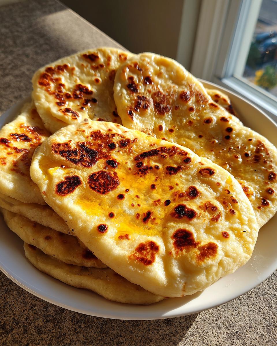 A stack of freshly cooked naan bread, glistening with melted butter and featuring dark, charred spots.