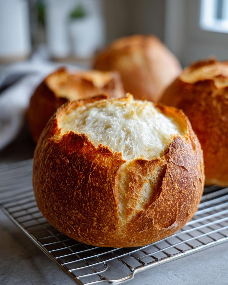 A close-up of a freshly baked, round bread bowl with a golden crust, ready to be filled, sitting on a wire cooling rack.
