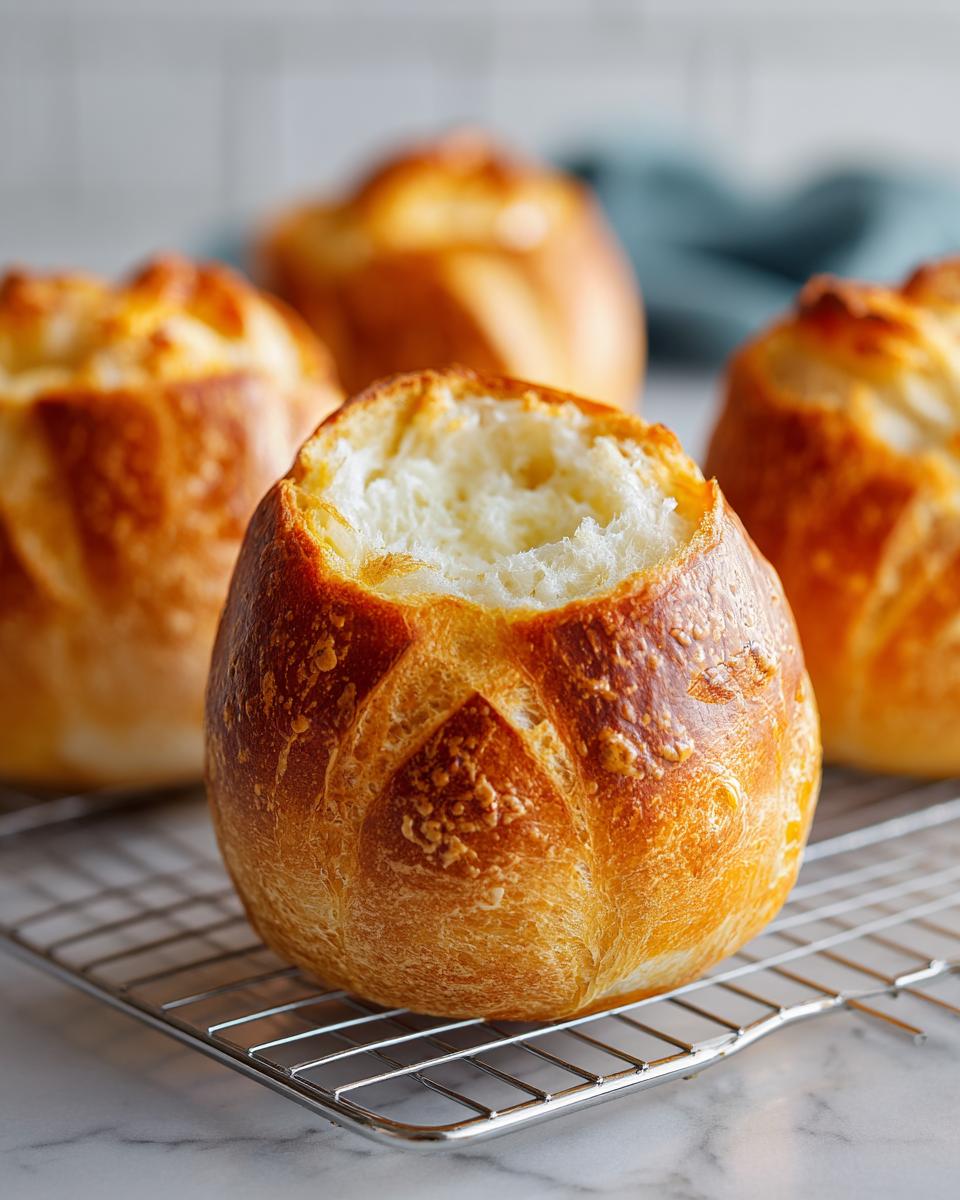 A golden-brown, round bread bowl with the top cut out, resting on a cooling rack, ready to hold soup.