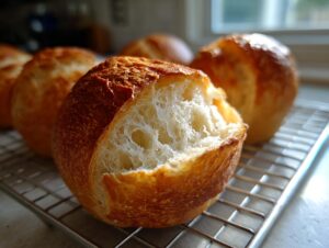 Close-up of a freshly baked bread bowl with the top torn open, showing the soft interior crumb, resting on a cooling rack.