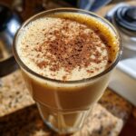 Close-up of a glass of creamy homemade eggnog topped with a dusting of cinnamon.