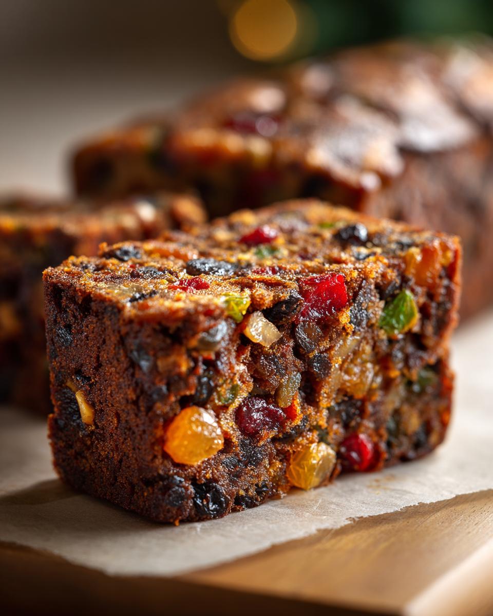A thick slice of dark, dense fruit cake recipe packed with colorful candied fruits and raisins.