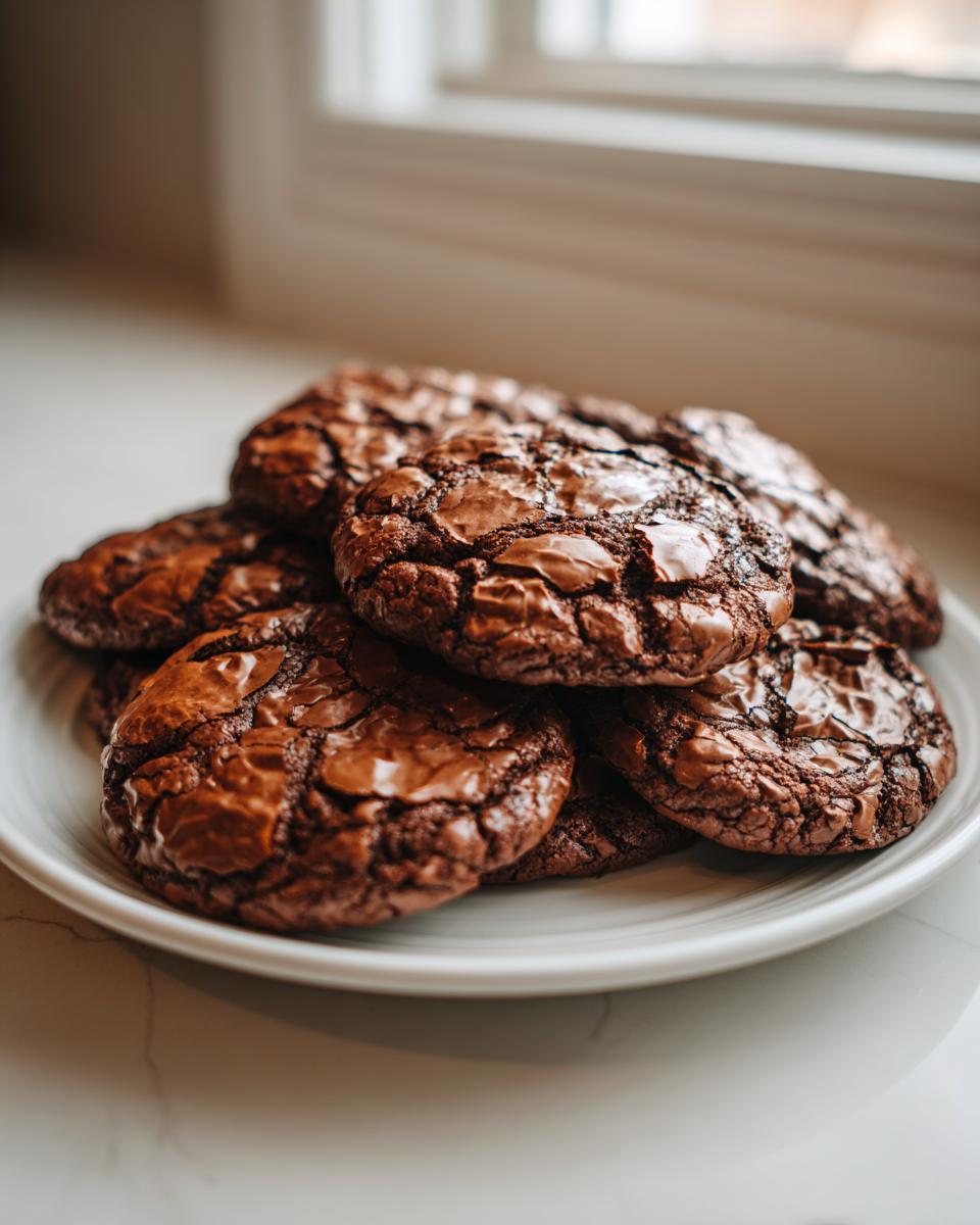A stack of freshly baked, fudgy brownie cookies with cracked tops resting on a white plate.