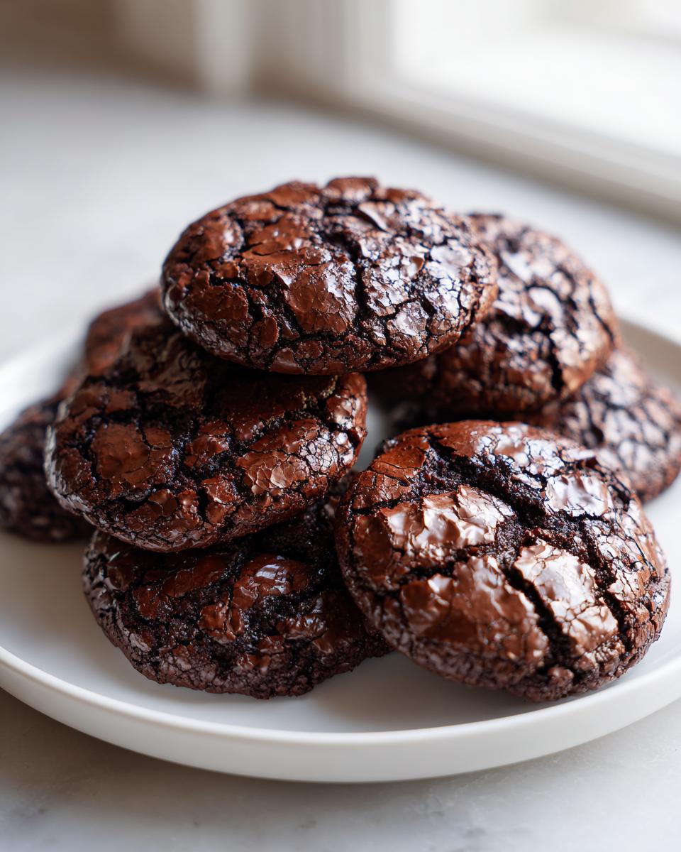 A close-up stack of rich, dark, fudgy brownie cookies featuring classic crinkled tops, served on a white plate.