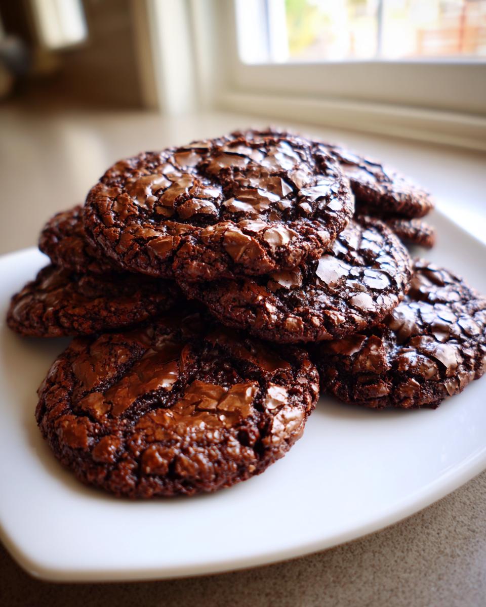 A pile of rich, dark brownie cookies with shiny, cracked tops stacked on a white plate.