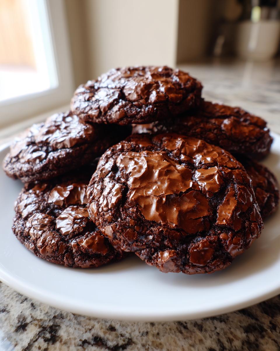 A stack of rich, dark brownie cookies featuring a glossy, crackled top texture, served on a white plate.