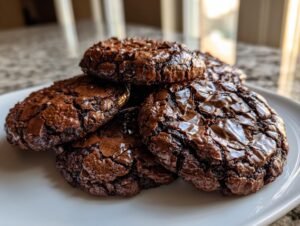 A close-up stack of five fudgy brownie cookies featuring cracked, shiny tops, resting on a white plate.