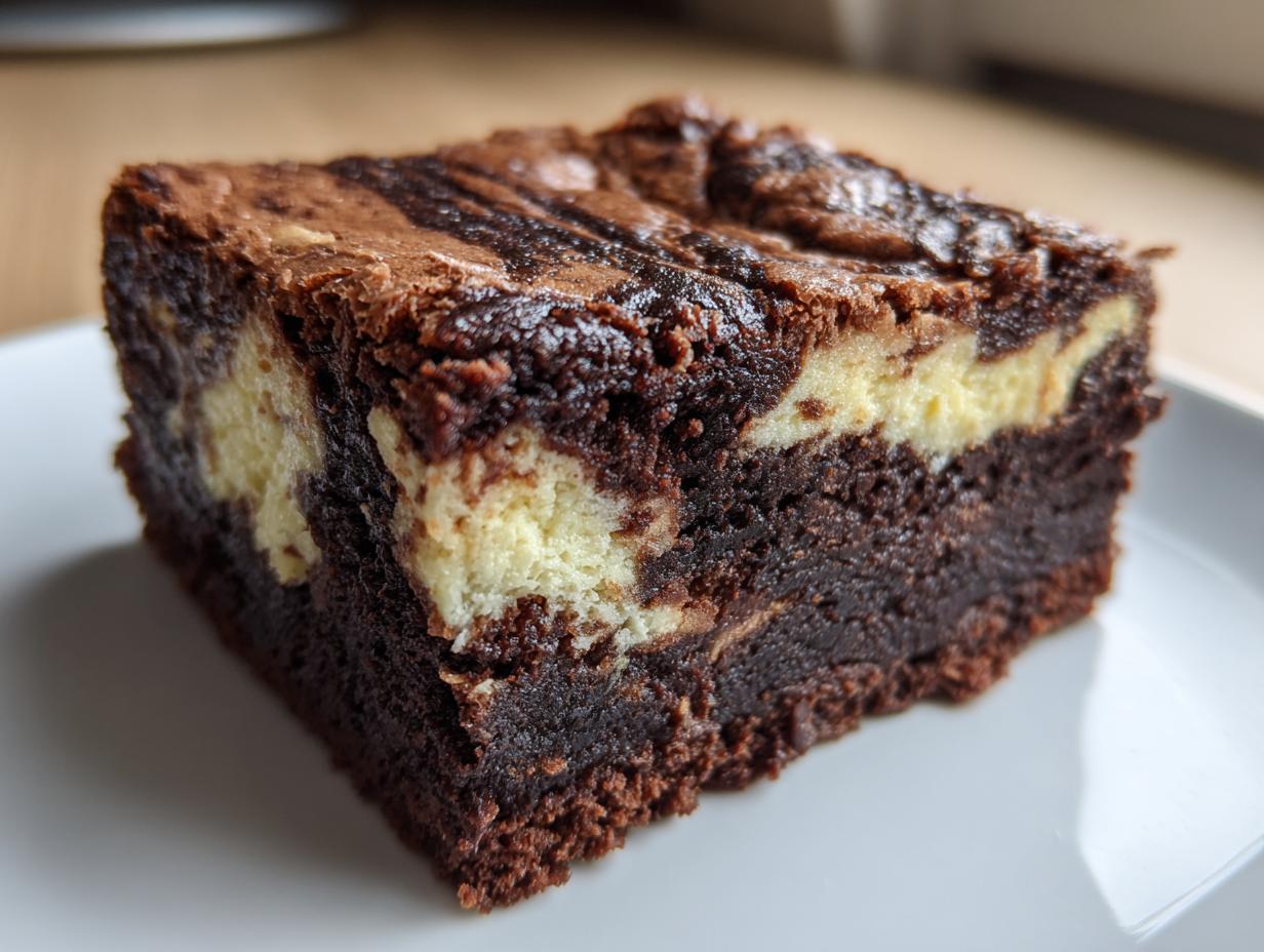 A single, rich, fudgy square of cream cheese brownies showing a distinct swirl of dark chocolate and creamy white cheesecake filling.