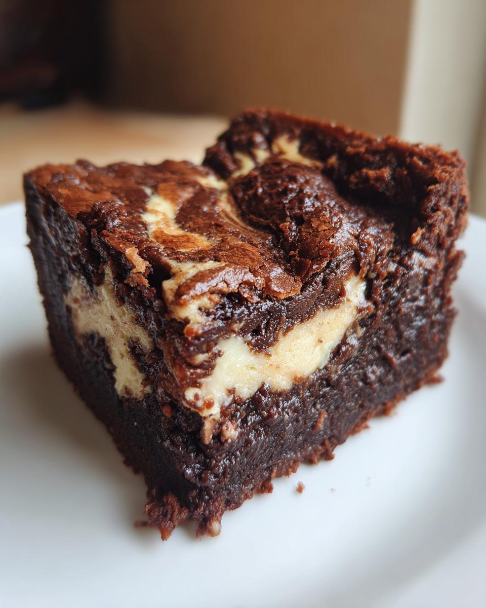 A close-up of a rich, fudgy cream cheese brownie square with a marbled cream cheese swirl on top.
