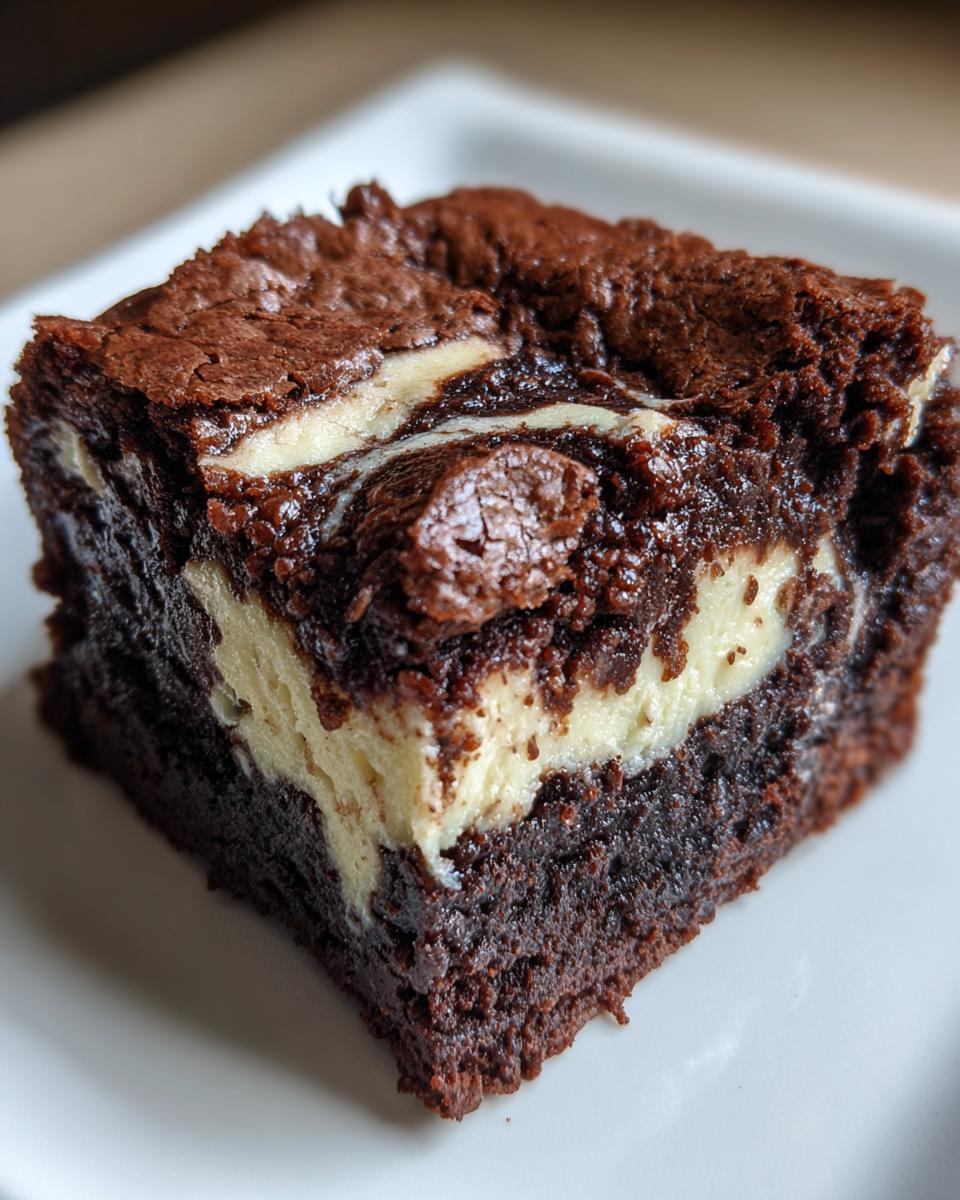 A close-up shot of a single, fudgy square of cream cheese brownies showing the dark chocolate base and white cream cheese swirl.