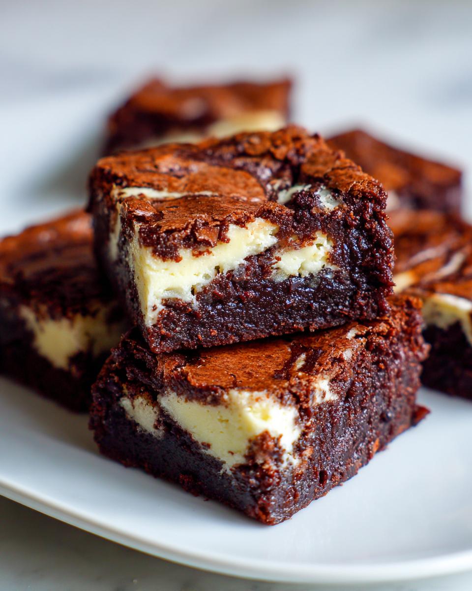 Two stacked, fudgy cream cheese brownies showing the rich chocolate swirl and creamy white filling.