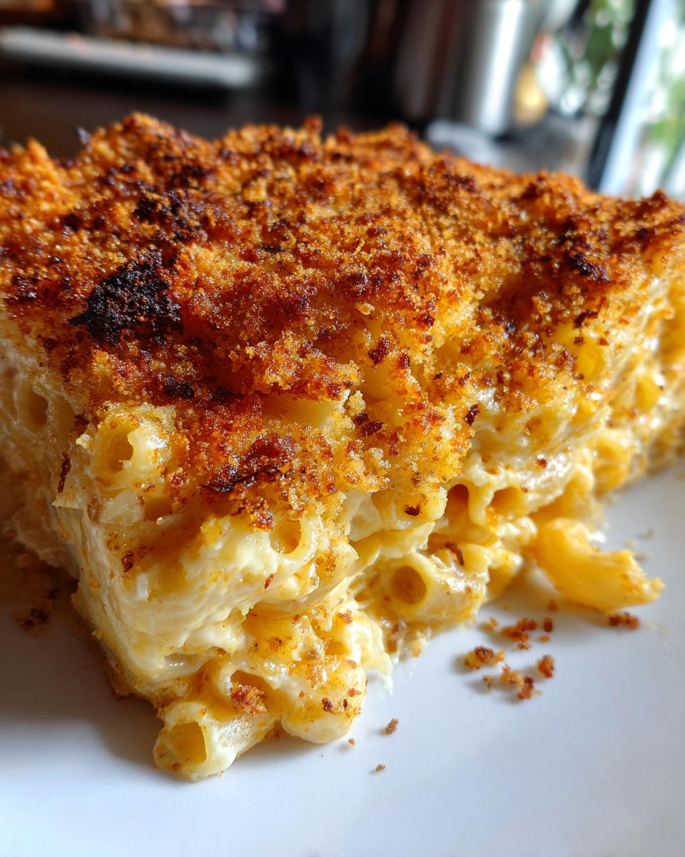 Close-up of a rich, creamy slice of baked macaroni topped with a dark, crispy garlic parmesan crust.