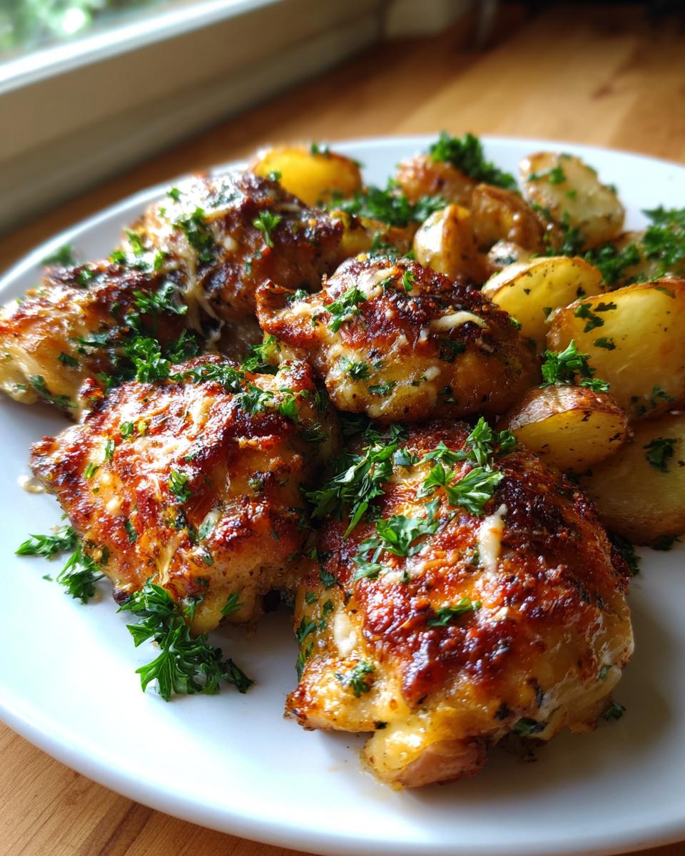 Close-up of baked garlic parmesan chicken and potatoes, topped with melted cheese and fresh parsley.