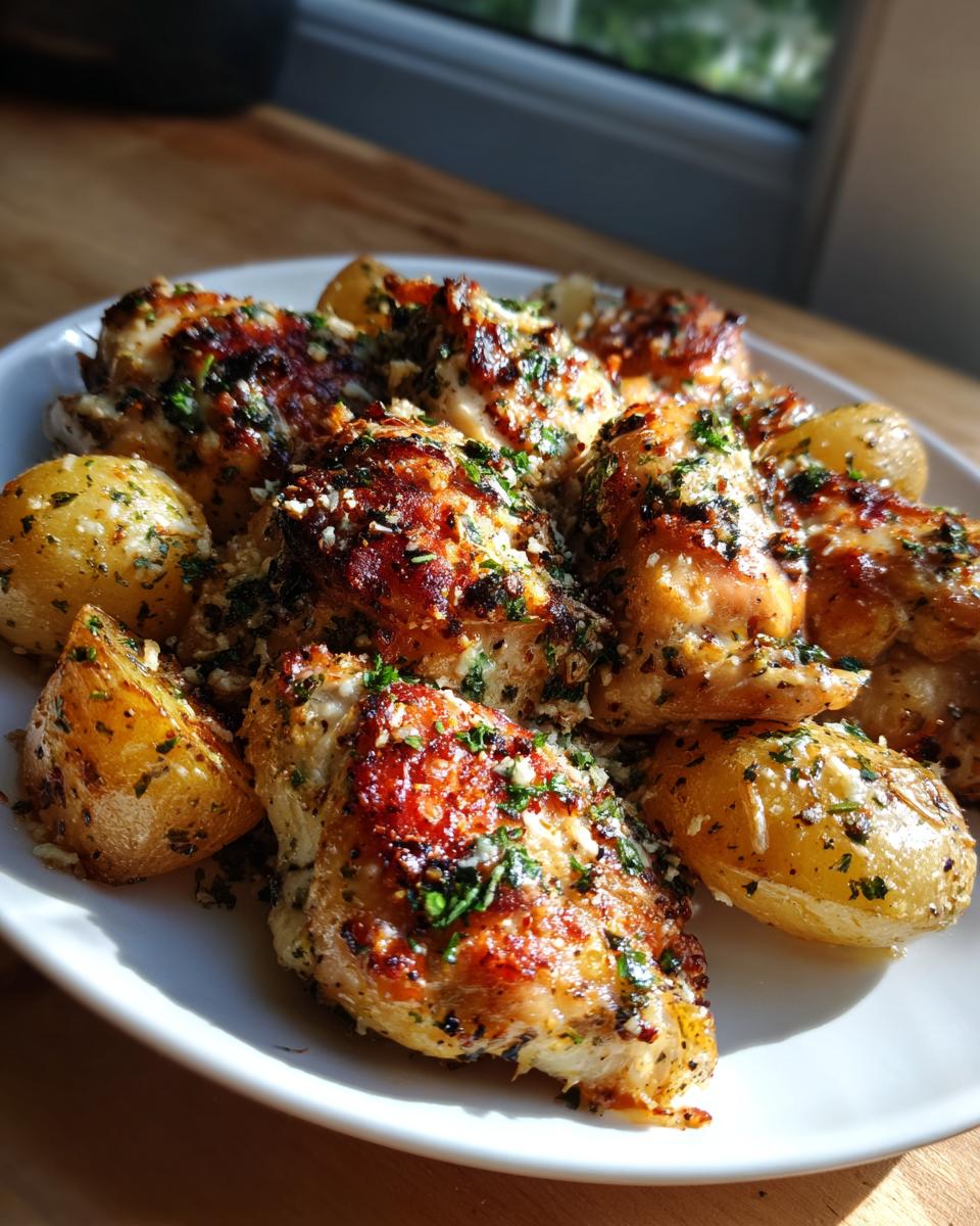 Golden-brown pieces of garlic parmesan chicken and roasted potatoes served together on a white plate.