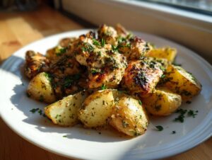 Golden roasted potatoes and seasoned chicken pieces served together, featuring garlic parmesan chicken and potatoes.
