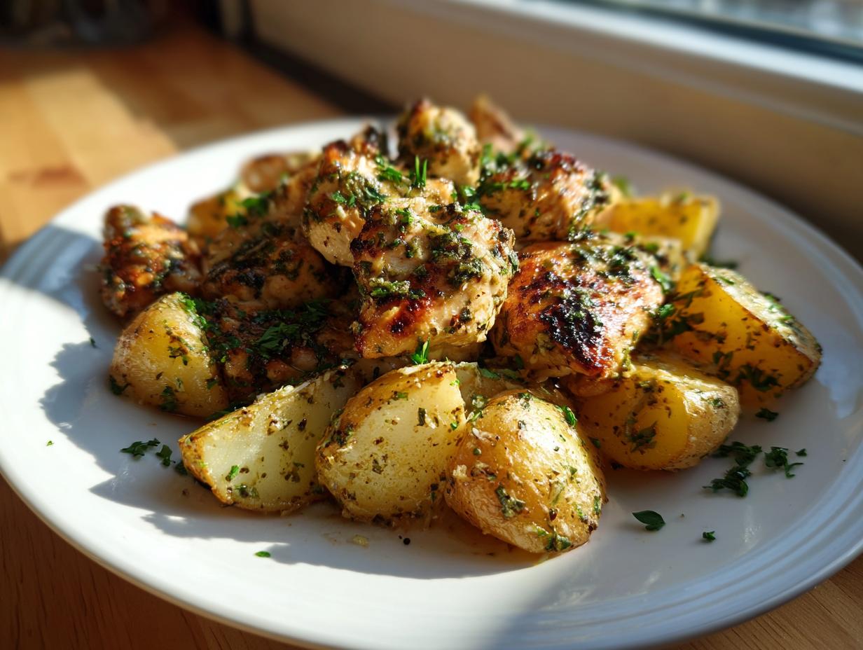 Golden roasted potatoes and seasoned chicken pieces served together, featuring garlic parmesan chicken and potatoes.