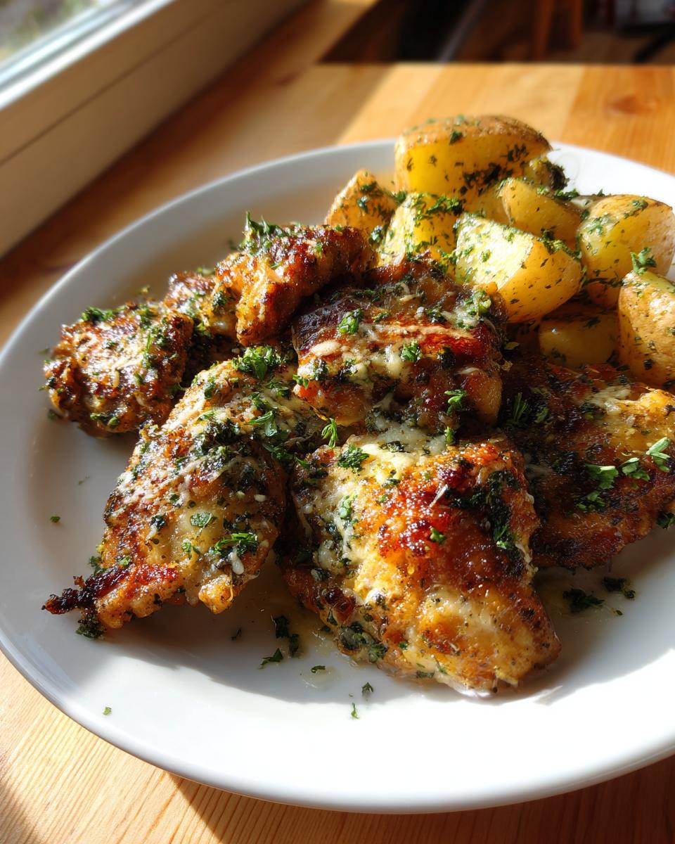 Golden brown garlic parmesan chicken pieces served with roasted potatoes, garnished with fresh parsley.
