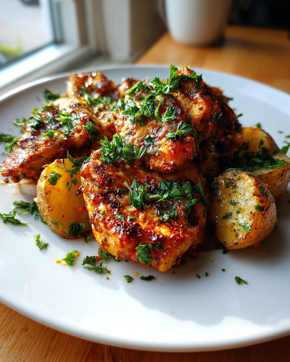 Close-up of golden brown garlic parmesan chicken and potatoes garnished generously with fresh chopped parsley.