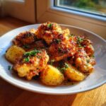 A white bowl filled with crispy garlic parmesan chicken and roasted potato wedges, garnished with parsley.