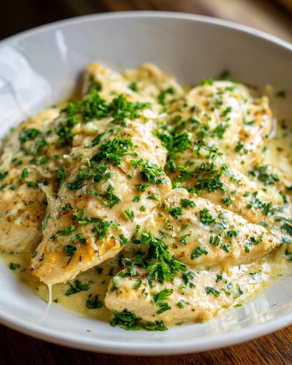 Close-up of juicy garlic parmesan chicken tenders covered in a creamy, cheesy sauce and fresh parsley.