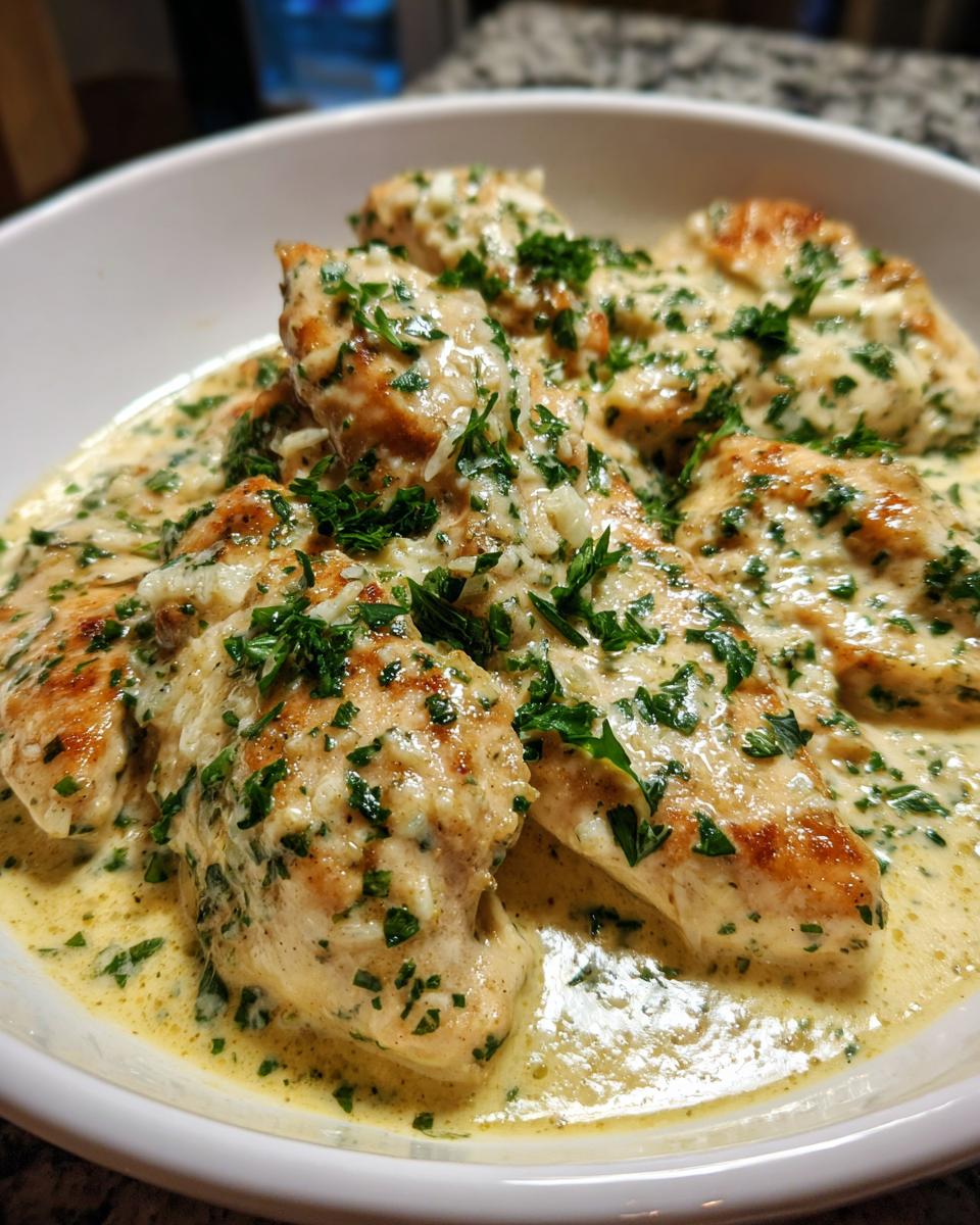 Close-up of pan-seared chicken breasts covered in a rich garlic parmesan chicken cream sauce and fresh parsley.