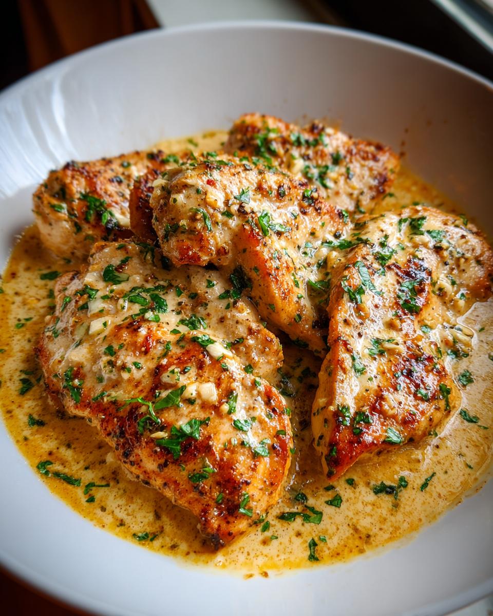 Four pan-seared pieces of garlic parmesan chicken smothered in a creamy, garlicky sauce and topped with fresh parsley.
