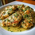 Close-up of pan-seared garlic parmesan chicken pieces covered in a buttery garlic sauce and fresh parsley.