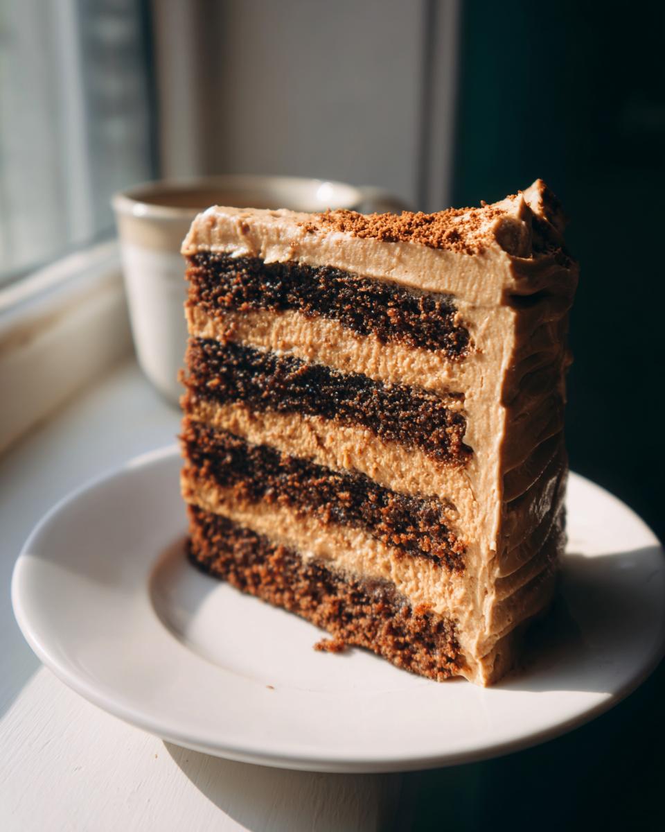 A tall slice of dark chocolate gingerbread latte cake layered with light brown coffee frosting.