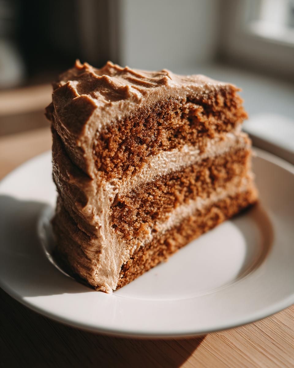 A close-up shot of a thick slice of moist gingerbread latte cake with coffee-colored frosting layers.