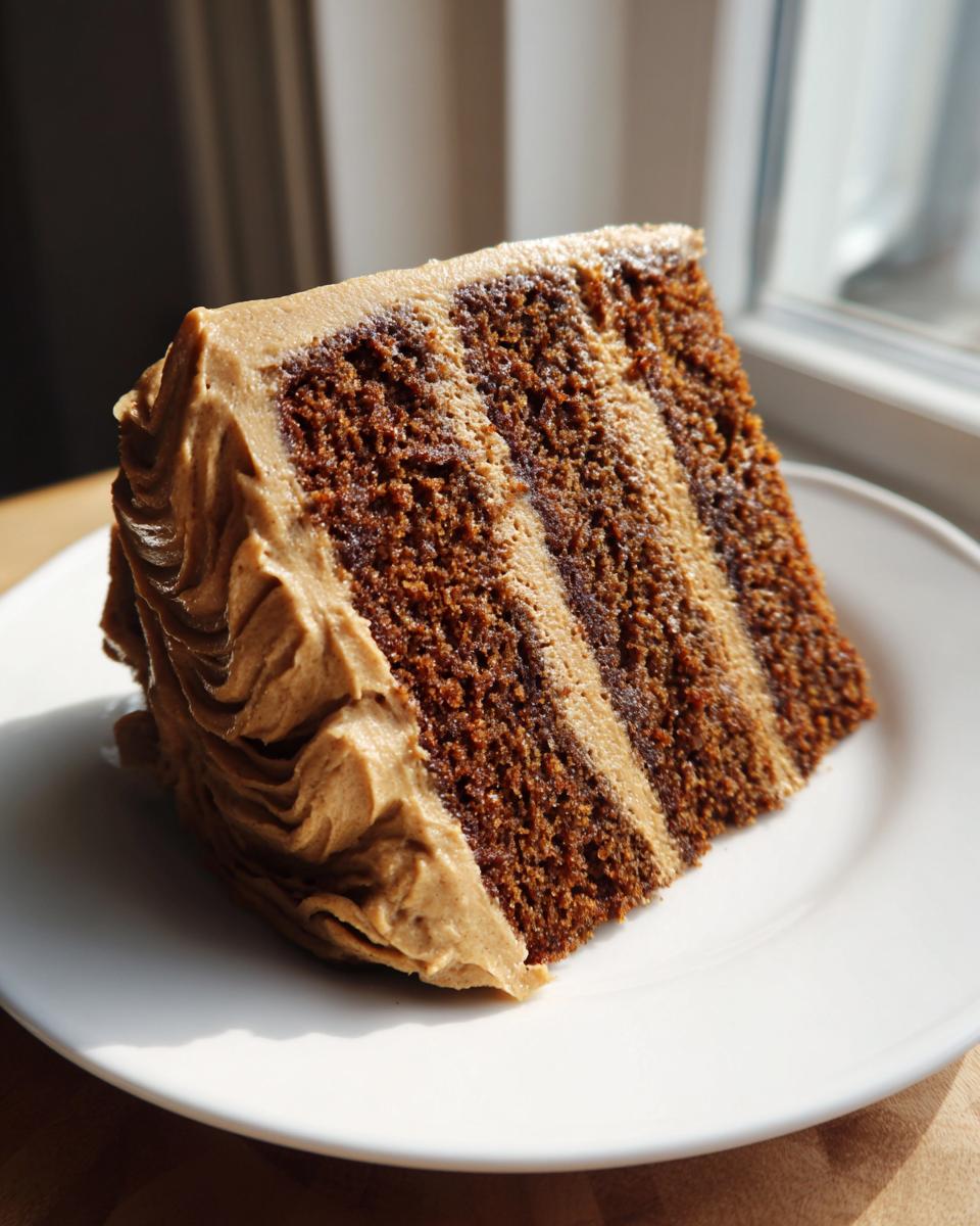 A tall slice of layered gingerbread latte cake with rich brown cake layers and light brown coffee frosting.