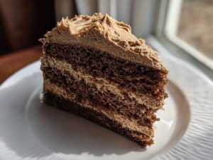 A tall slice of dark chocolate gingerbread latte cake with layers of light brown coffee frosting, served on a white plate.